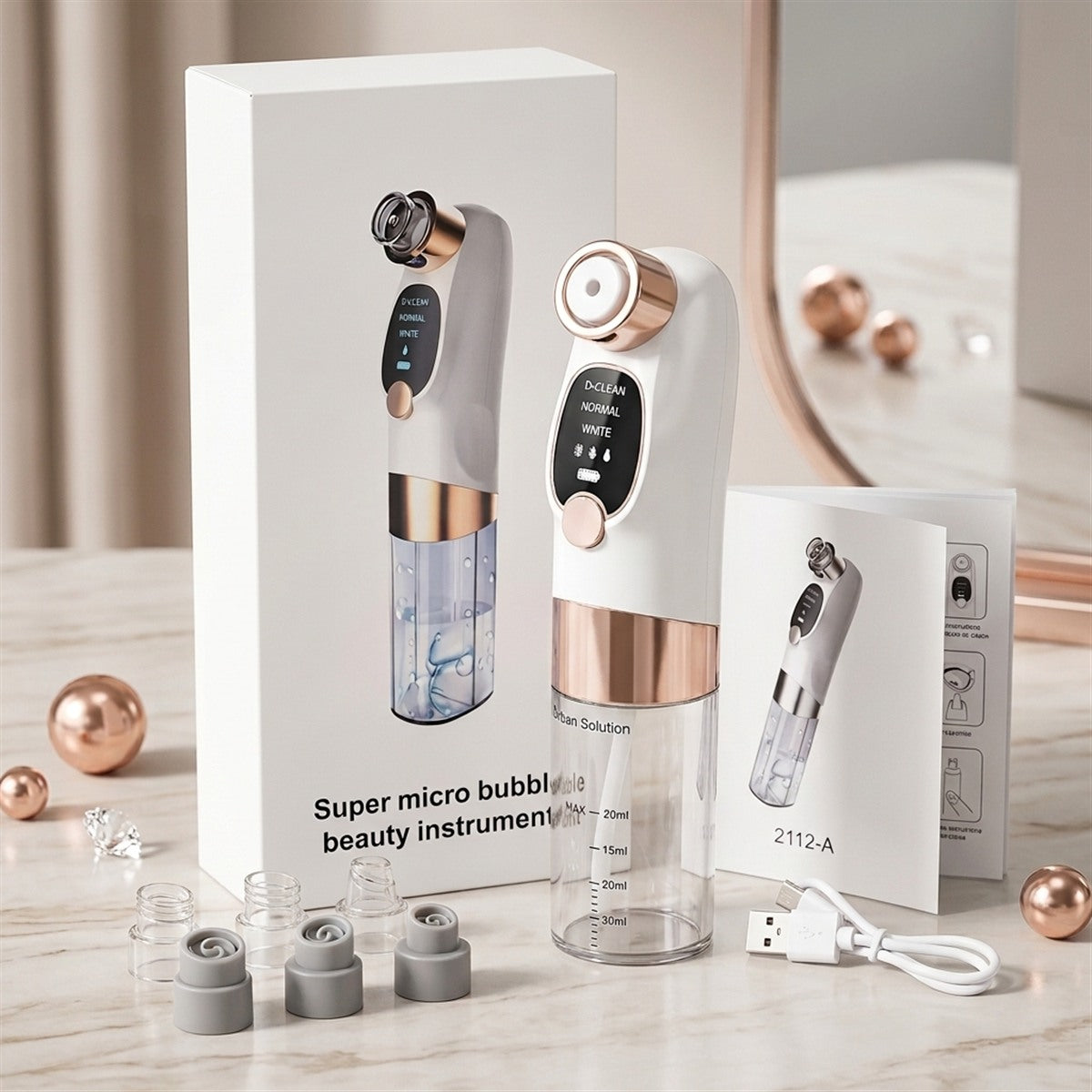 Poréa Glow device with its packaging box and interchangeable heads