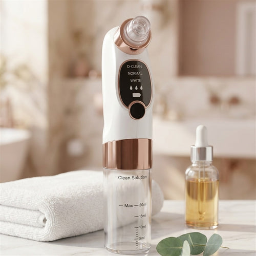 Poréa Glow device next to a towel and facial serum on a bathroom counter